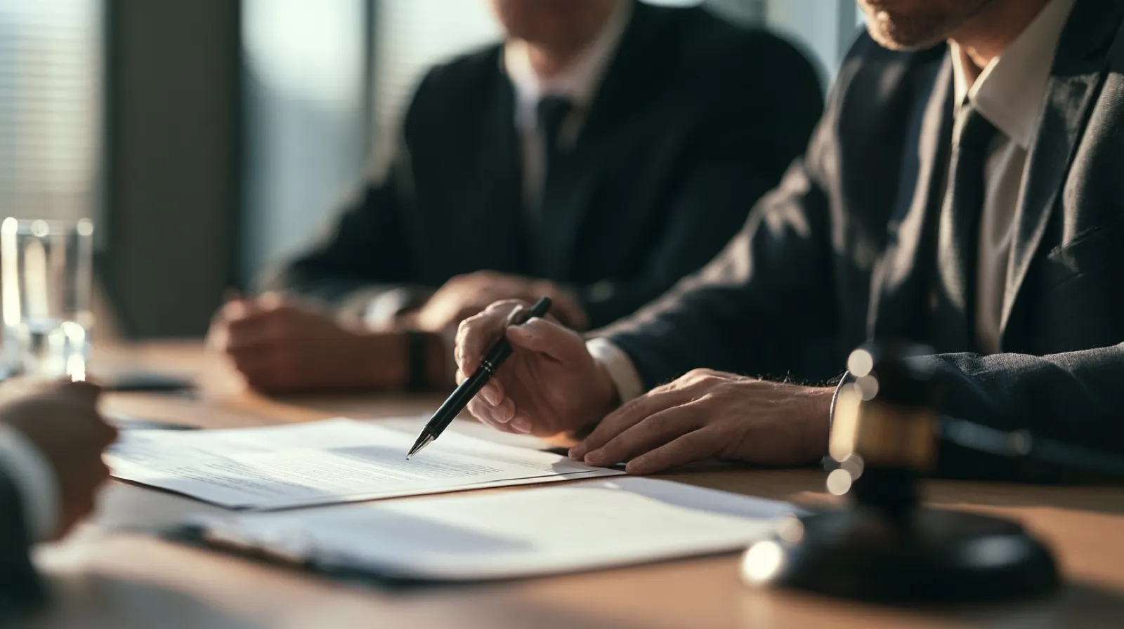 Attorney reviewing and signing legal documents during a criminal defense case meeting.