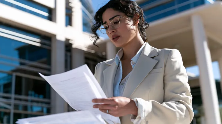 Attorney reviewing court documents outside a Las Vegas courthouse before a criminal case proceeding.