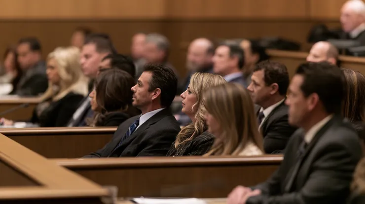 People seated in a Nevada courtroom during a criminal trial, representing the choice between a judge and a jury.