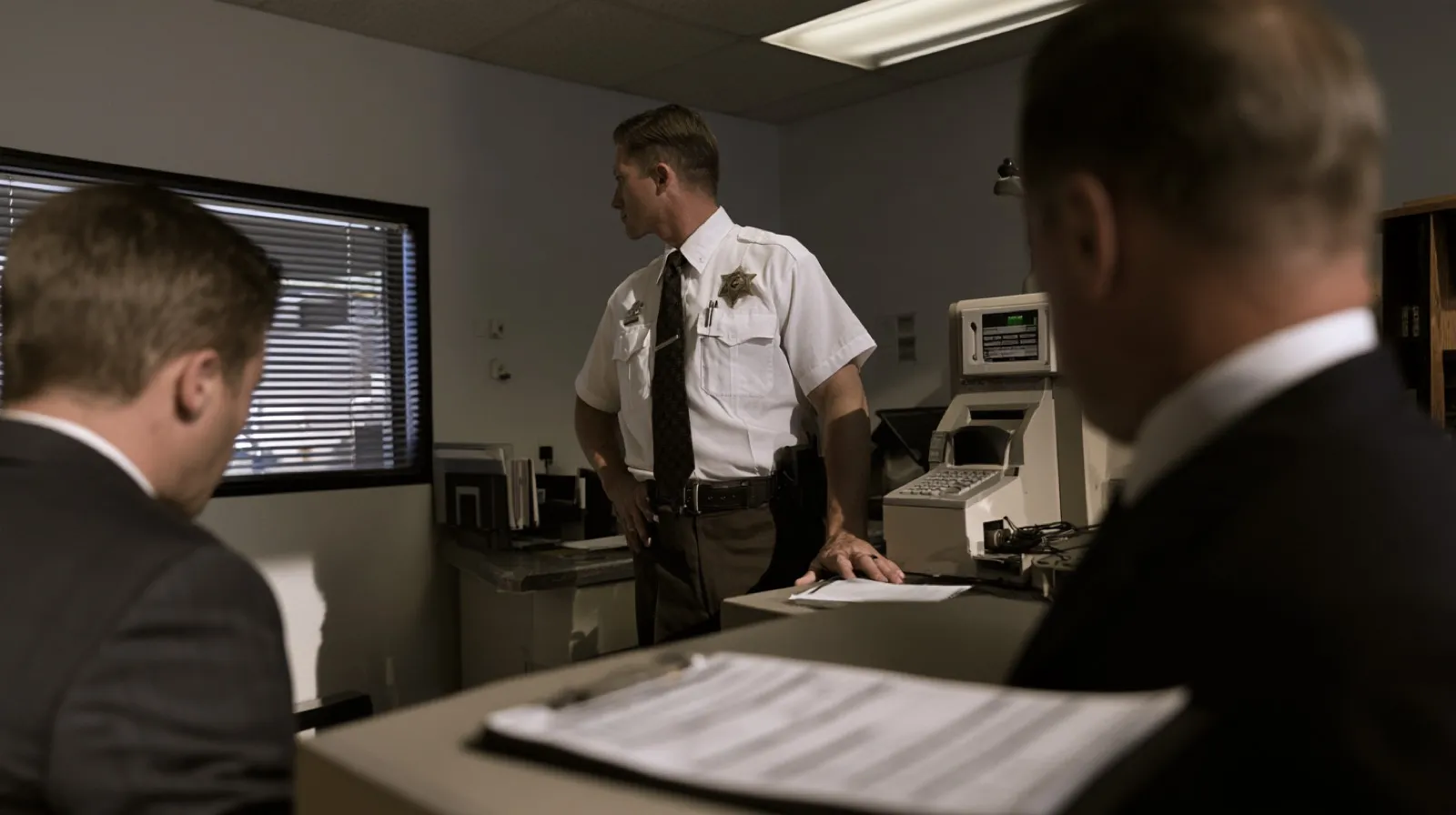Law enforcement personnel reviewing DUI paperwork and breath-testing records at a Las Vegas processing facility.