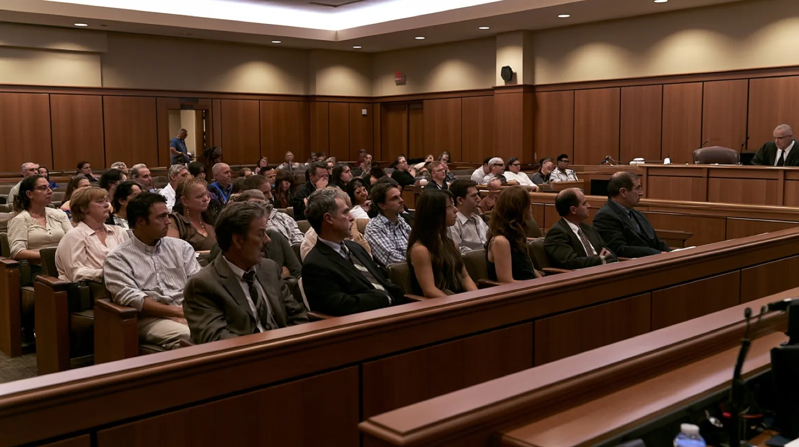 Prospective jurors seated in a Nevada courtroom during jury selection for a criminal trial.