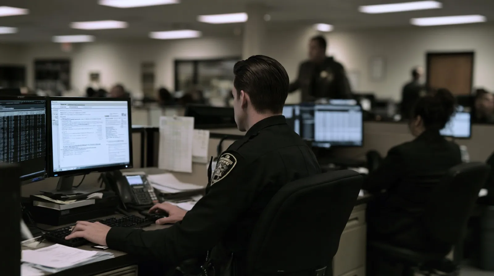 Law enforcement professional reviewing case records during an investigation into alleged indecent exposure or open and gross lewdness in Nevada.