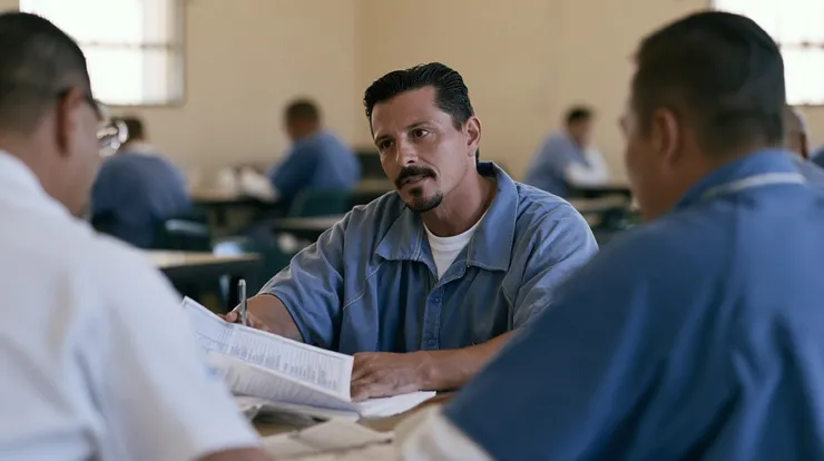 Incarcerated person reviewing documents during a Nevada correctional program related to sentence credits and rehabilitation.