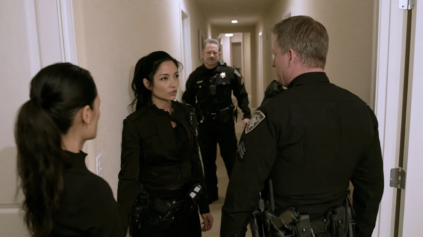 Police officers speaking with a resident inside a home while body cameras document the law enforcement encounter.