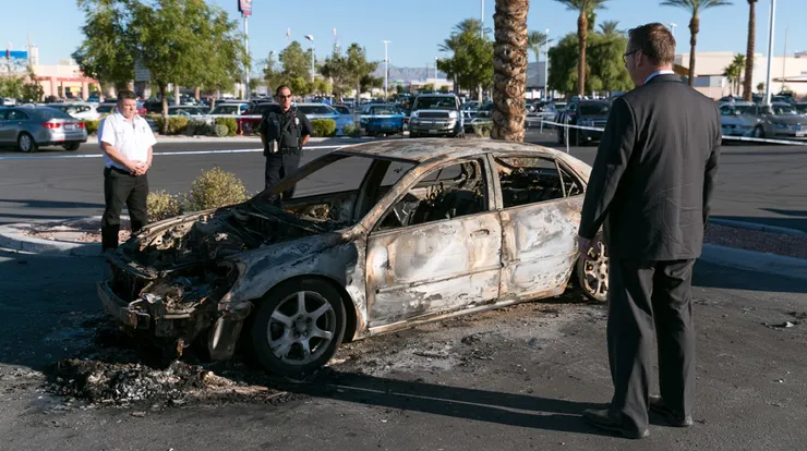 Investigators examining a burned vehicle during a Nevada fire investigation involving possible arson.