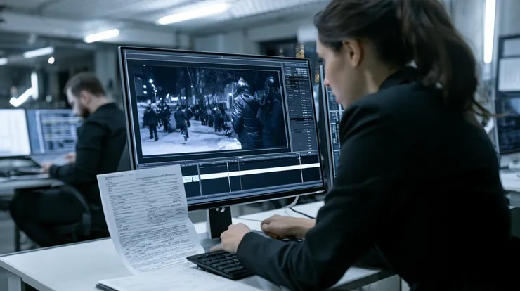 Legal professional reviewing surveillance footage and investigative records connected to a Nevada search warrant.