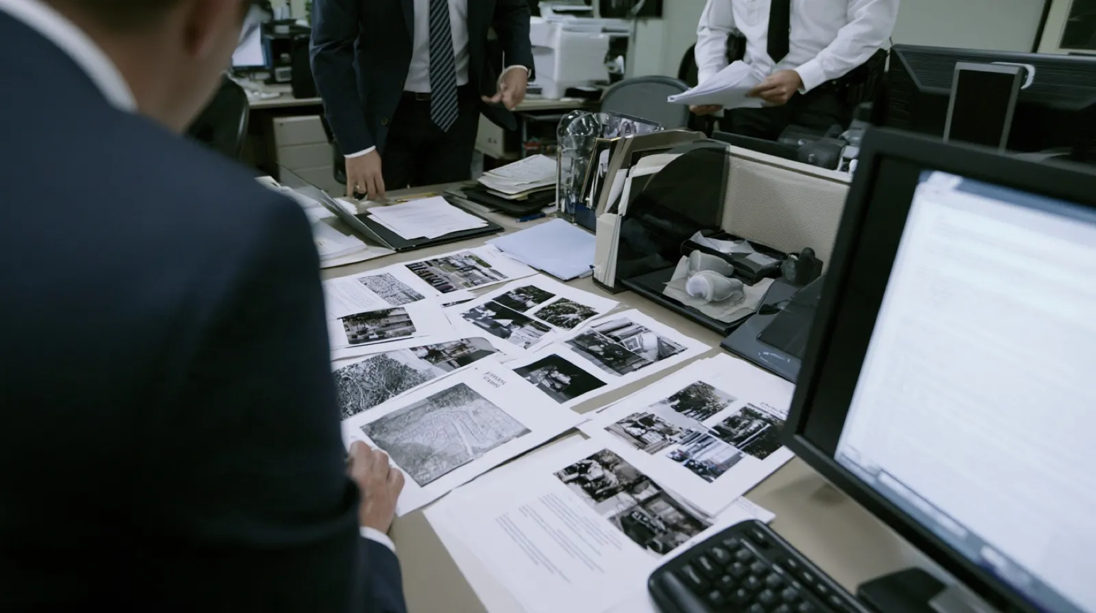 Investigators reviewing photographs, maps, and case documents related to a Nevada search warrant investigation.