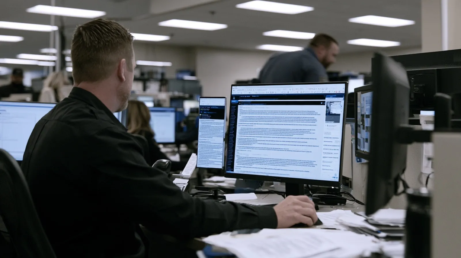 Law enforcement professional examining electronic messages and case records during an investigation into alleged criminal threats in Nevada.
