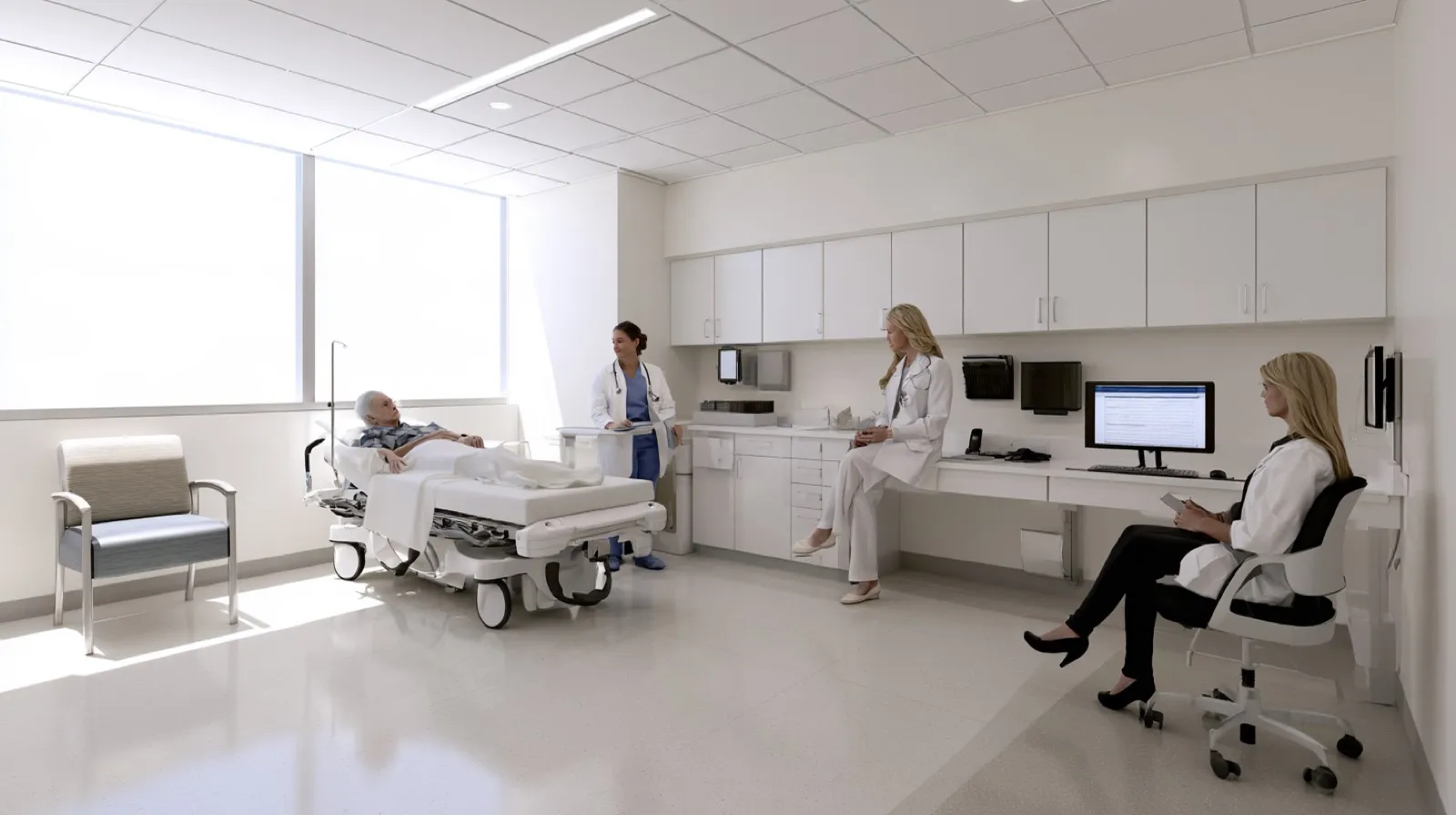 Older patient receiving medical care while healthcare professionals review information that may document possible elder abuse concerns.