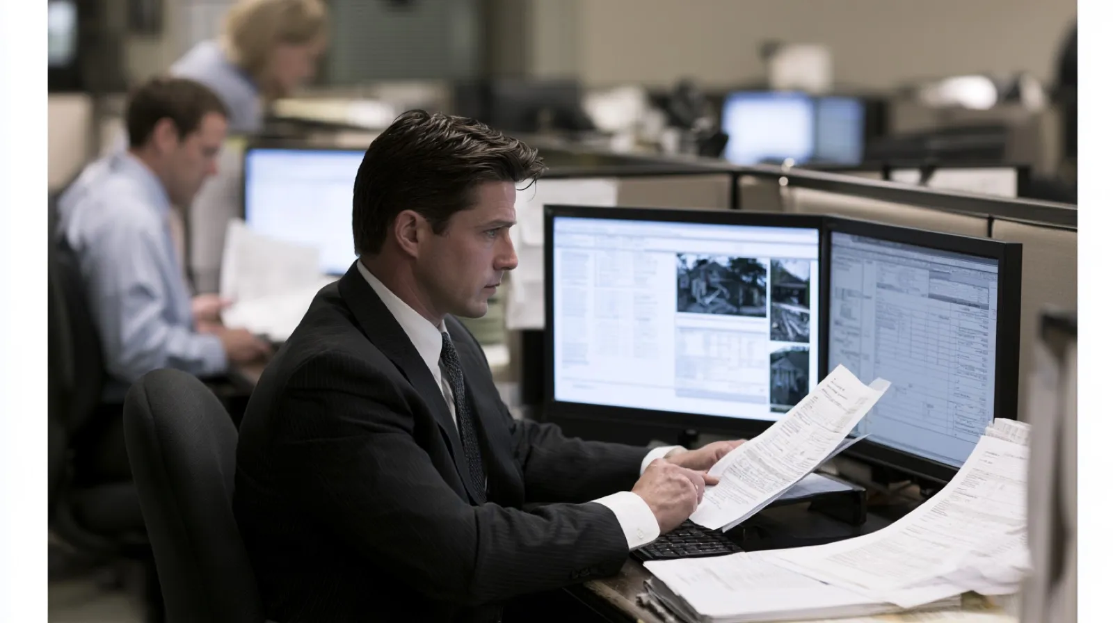 Investigator comparing insurance claim documents with digital records and property evidence during a Nevada fraud investigation.