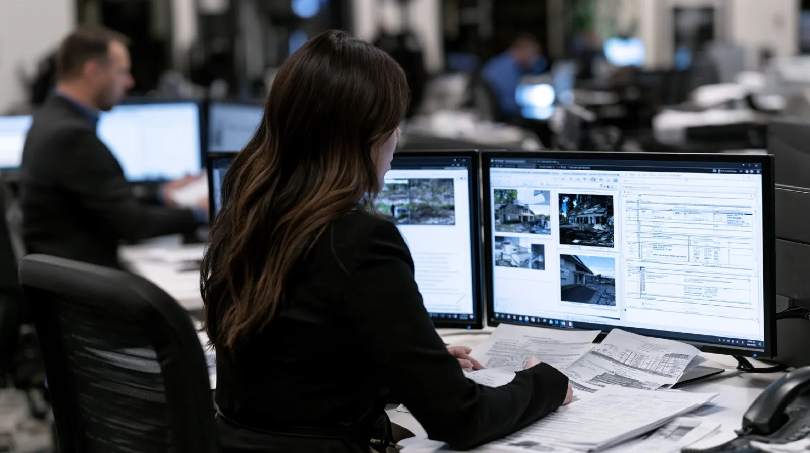 Insurance investigator reviewing property photographs, claim records, and supporting documents for possible fraud in Nevada.