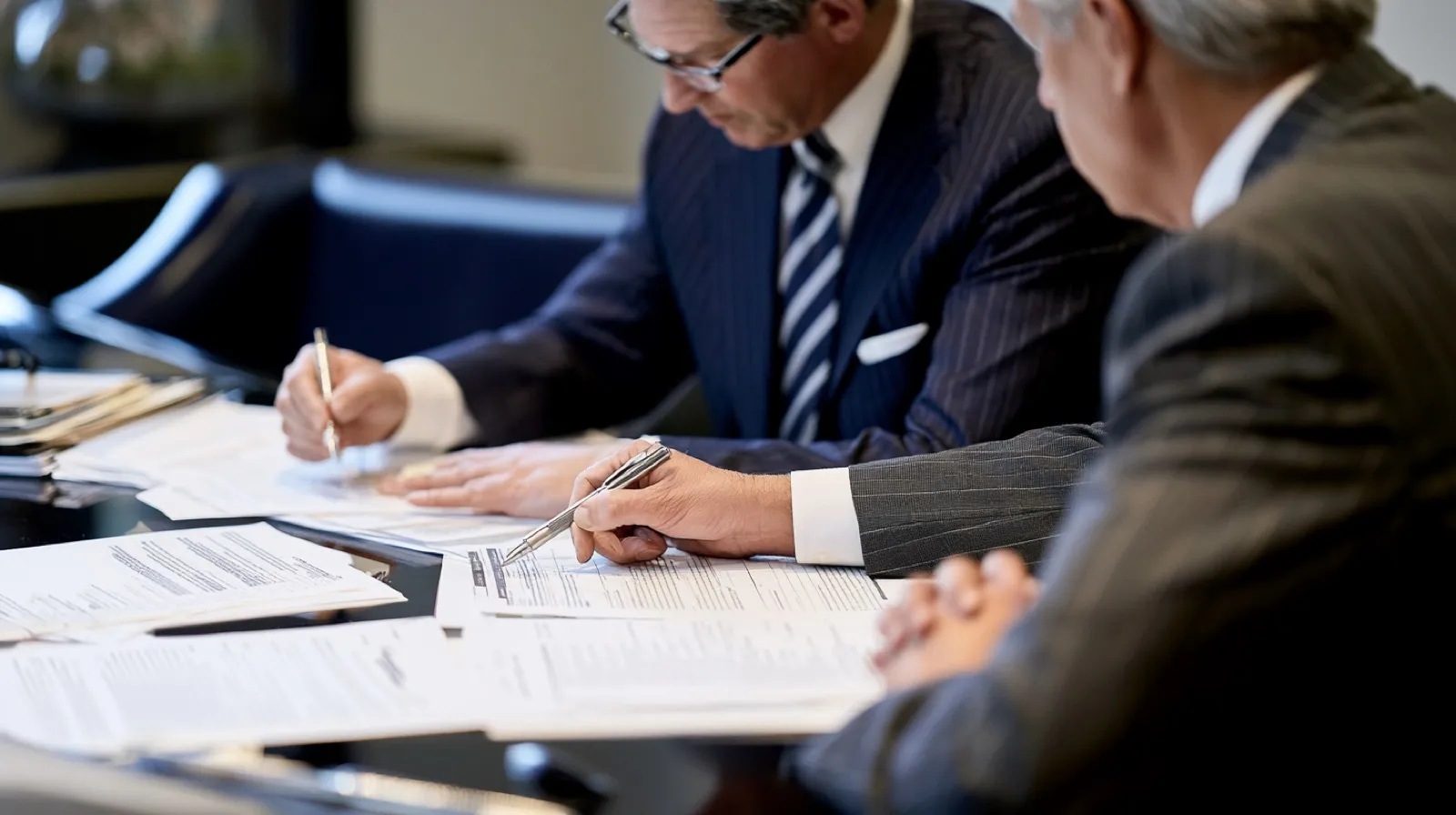 Attorneys reviewing a Nevada pardon application and legal documents for restoration of firearm rights.