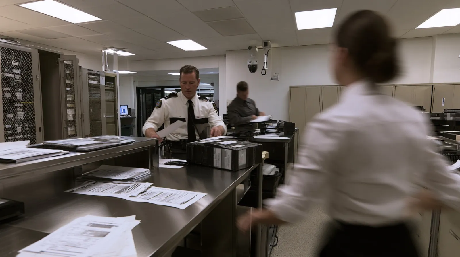 Evidence room personnel processing case files and packaged evidence awaiting forensic laboratory analysis in Nevada.