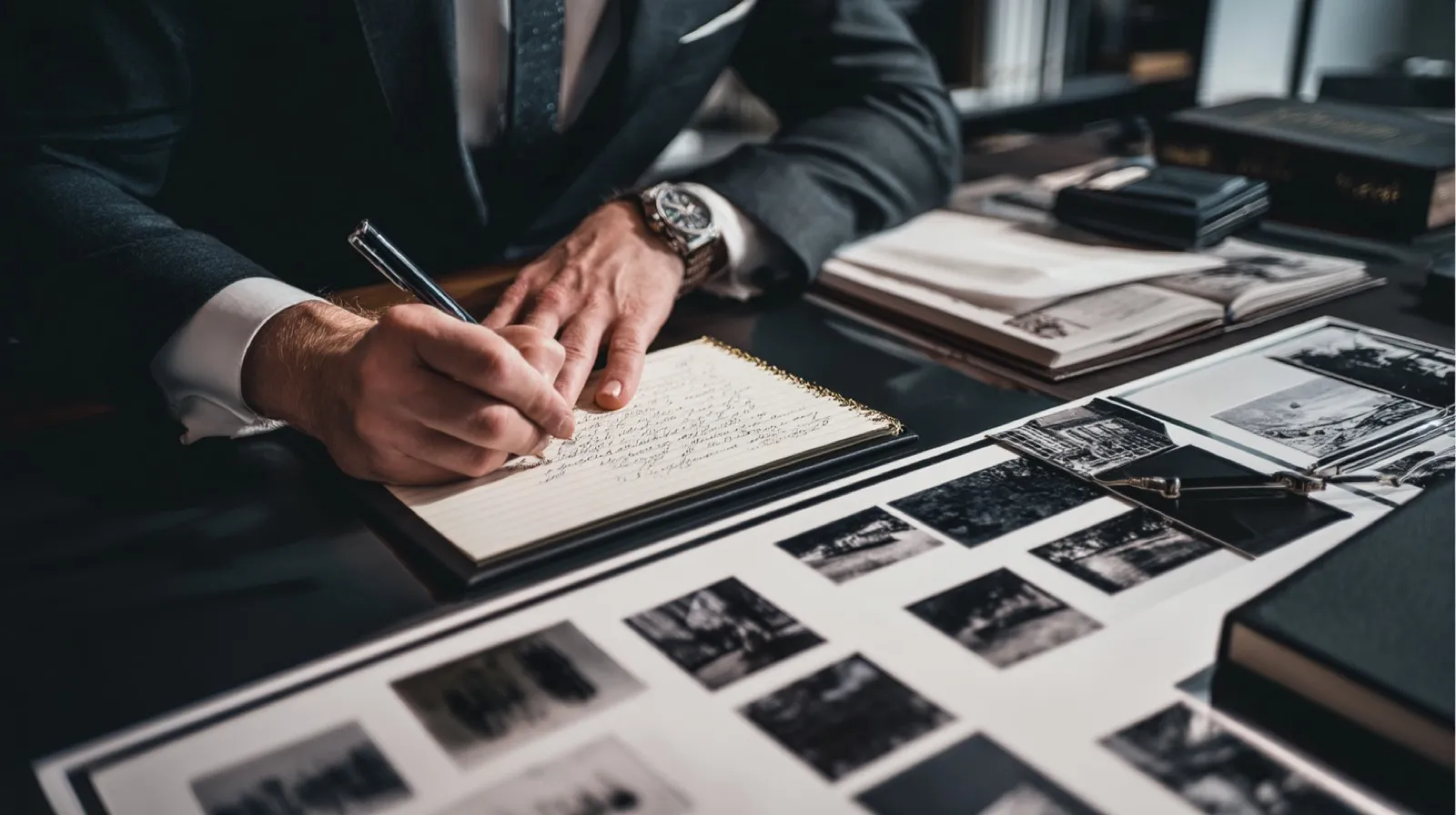 Defense attorney reviewing case evidence, photographs, and notes for post-conviction relief in Nevada.