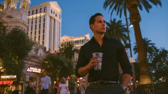 Tourist walking along the Las Vegas Strip with a plastic drink cup while learning about Nevada open container laws
