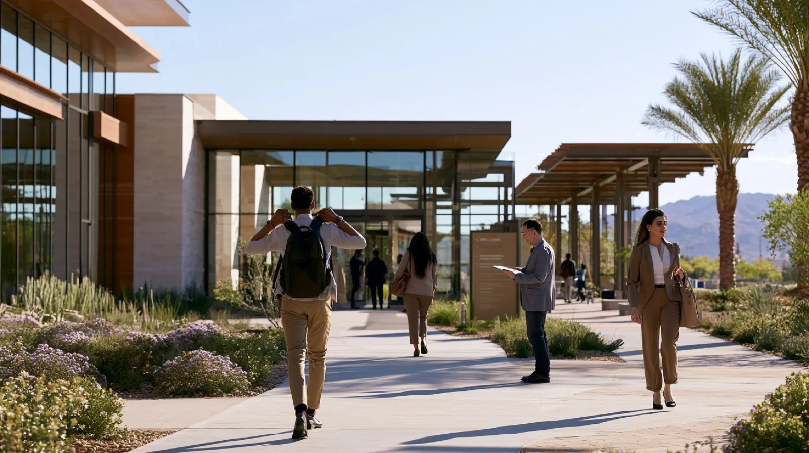 People arriving at a rehabilitation and education campus representing Nevada drug court eligibility and treatment opportunities.