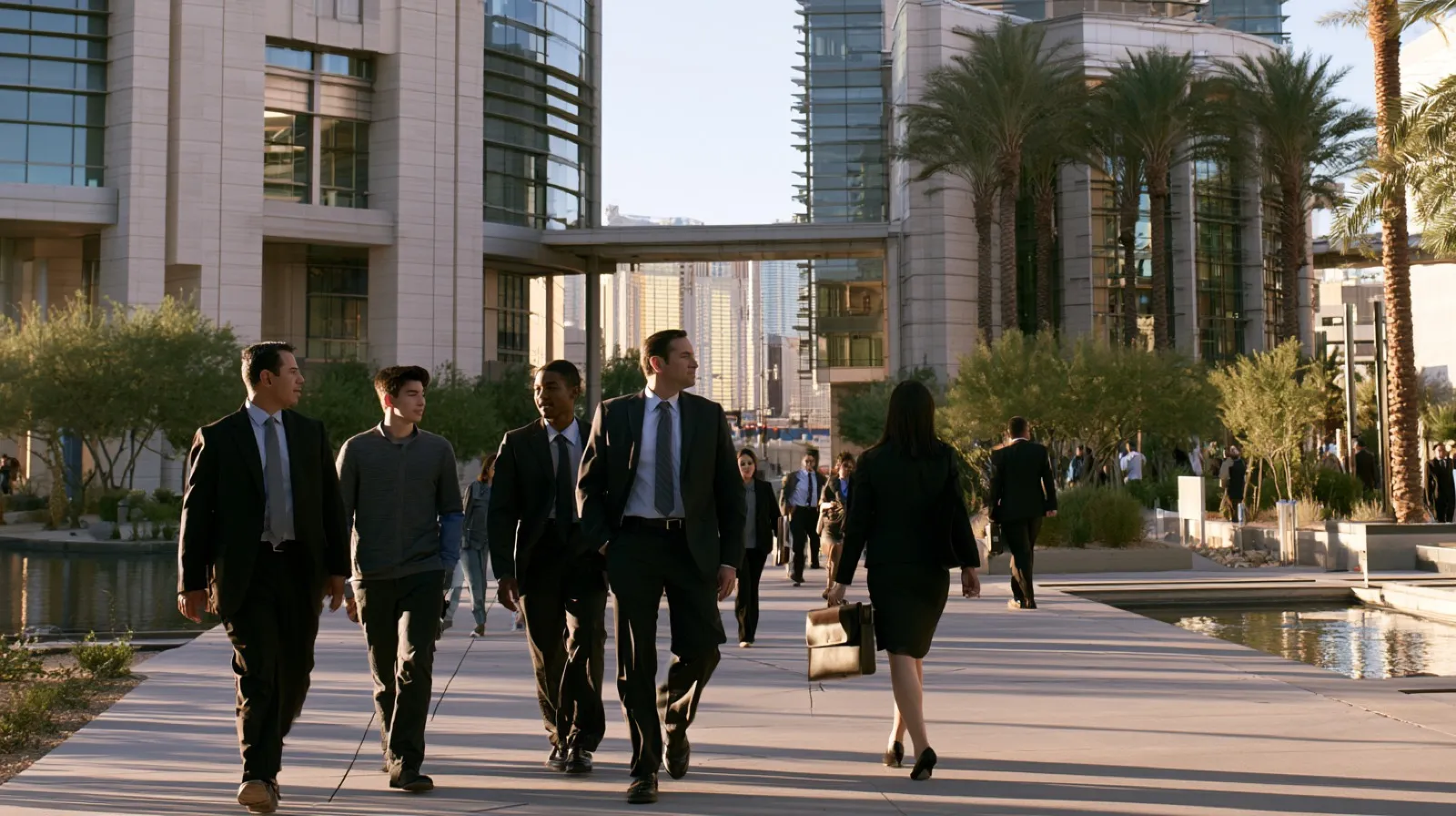 Family and defense attorney walking between civic buildings representing juvenile certification to adult court in Nevada.