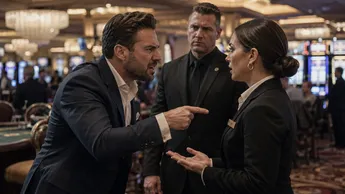 Man arguing with a hospitality worker while security intervenes inside a Las Vegas casino