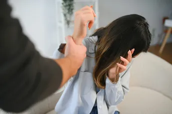 Angry husband beats his wife, domestic violence