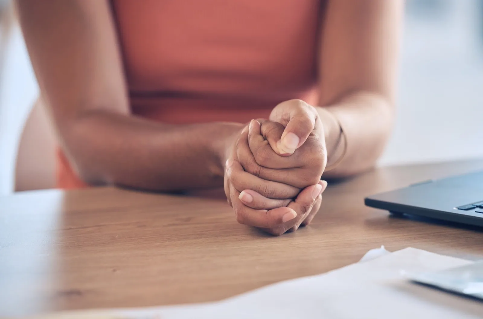Anxiety, depression and hands of black woman with stress, abuse trauma or secret domestic violence