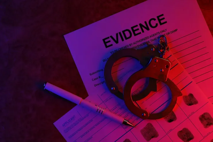 Applicant or fingerprints card with police handcuffs on table in dark room