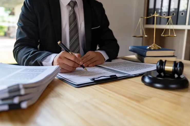 Attorney reading law code, studying constitution to protect human rights closeup, Male lawyer or jud