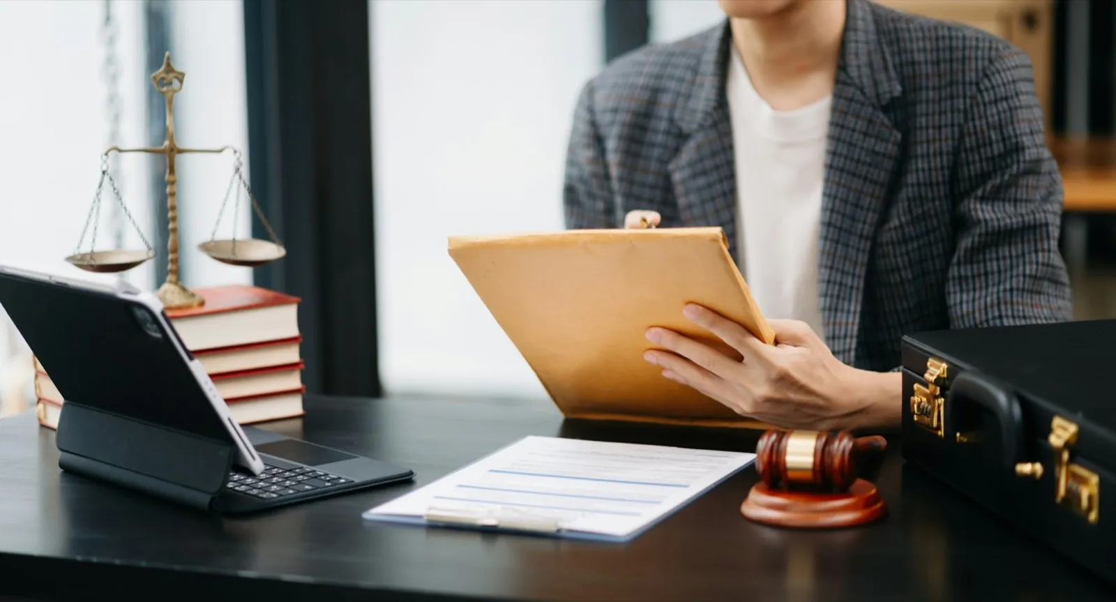 Attractive young lawyer in office Businessman and lawyers discussing contract papers laptop