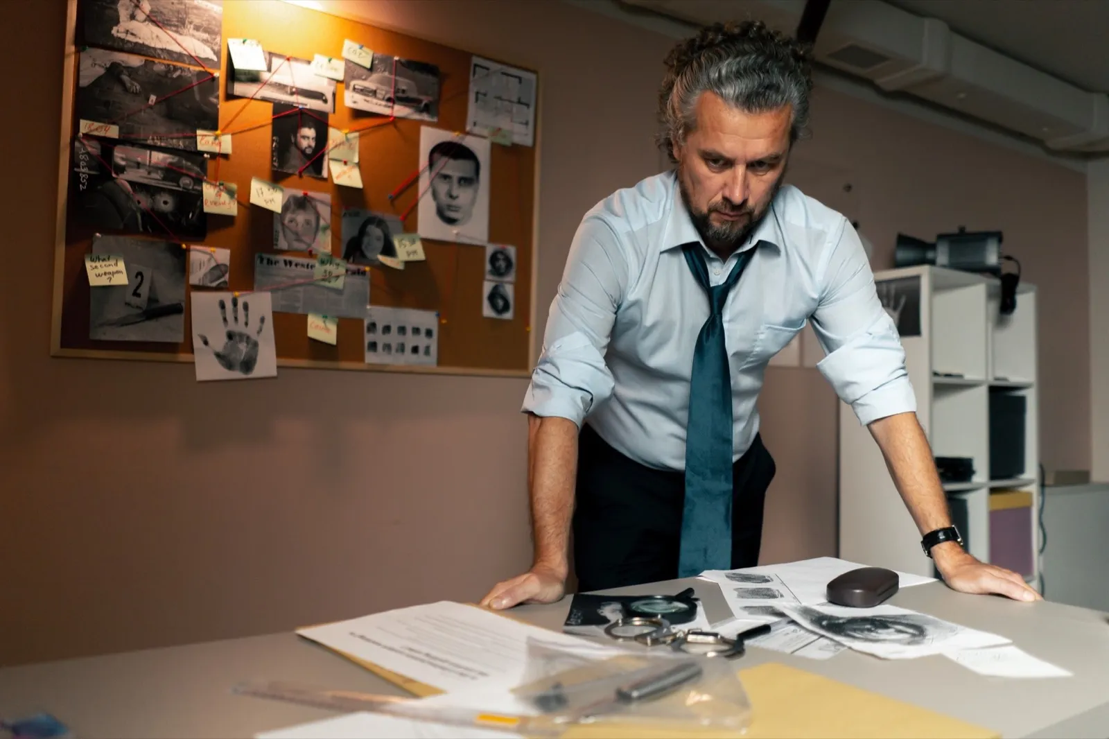 detective’s office middle-aged investigator in shirt and tie studies evidence in search of the