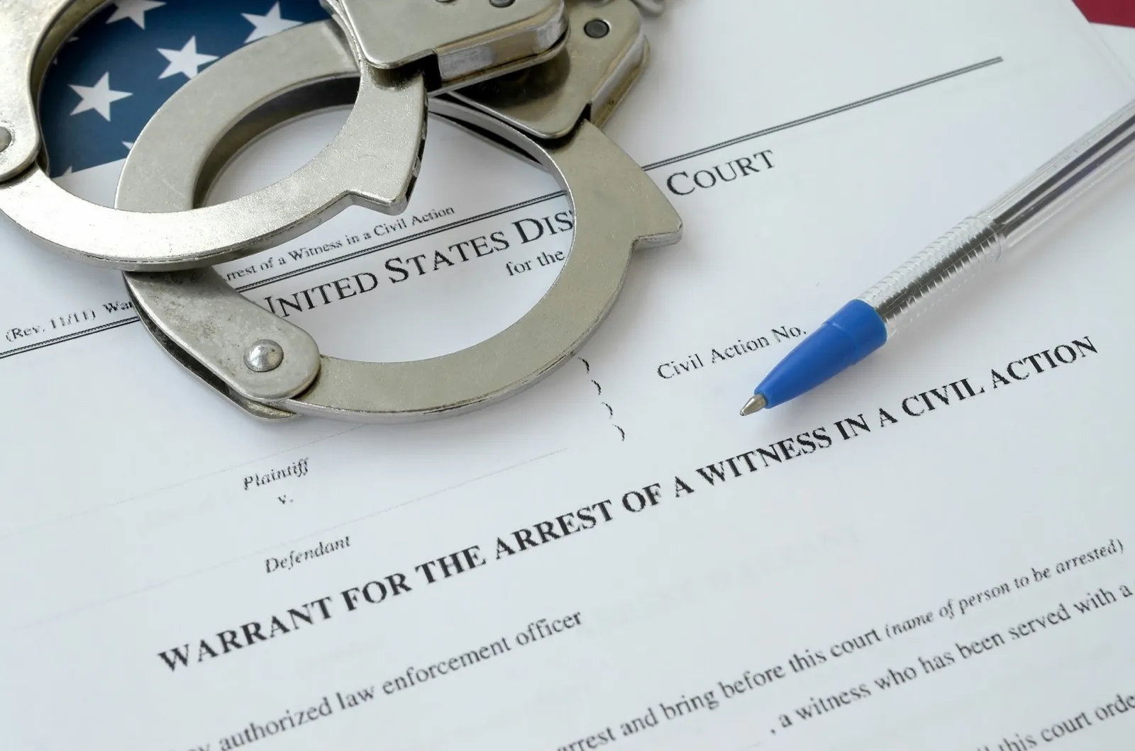 District court warrant for the arrest of a witness in a civil action papers with handcuffs