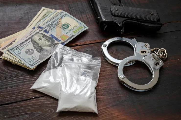 Drugs narcotics possesion and use, arrest and punishment for illegal business concept.