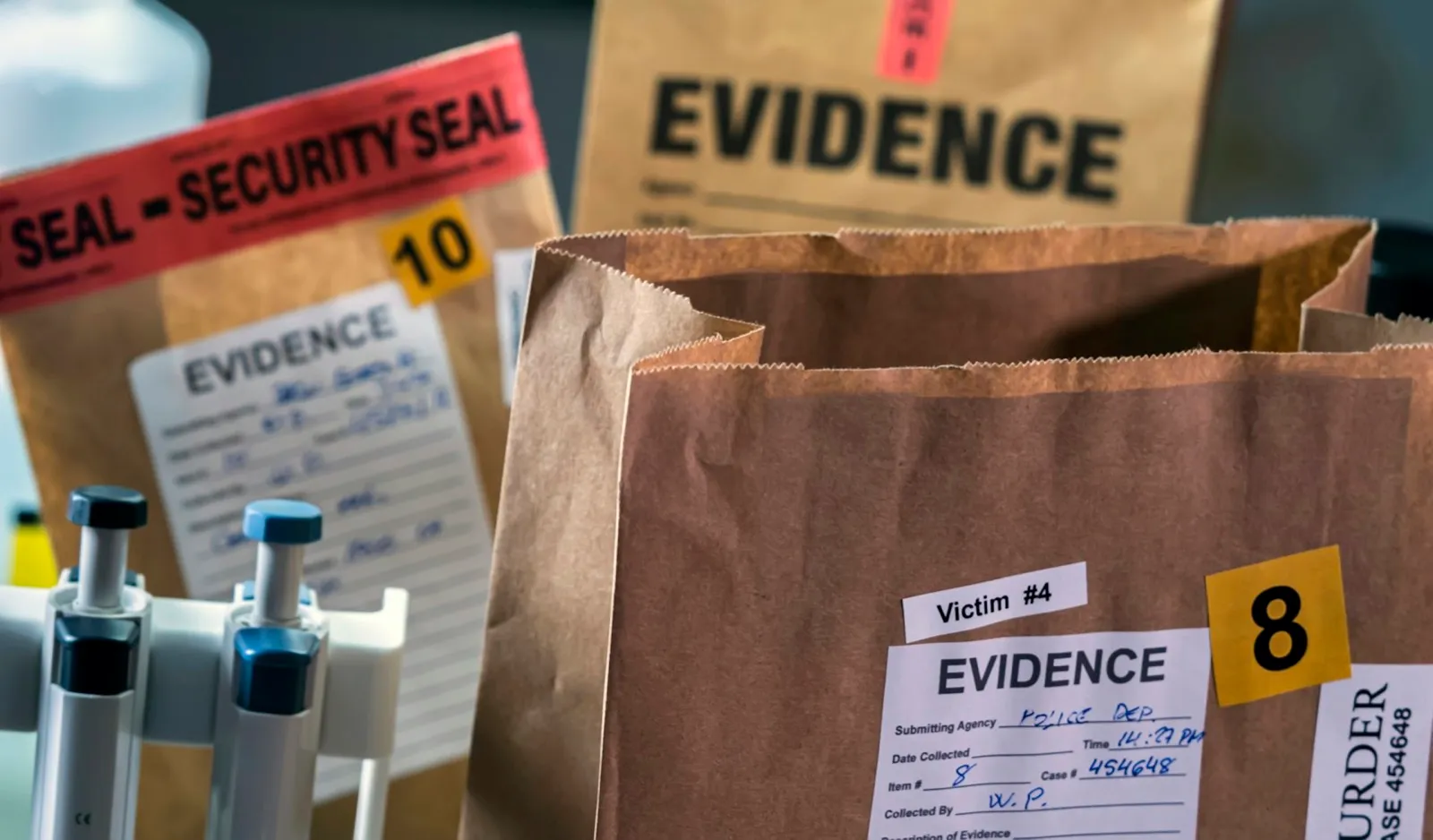 Files and evidence bag in a crime lab, conceptual image