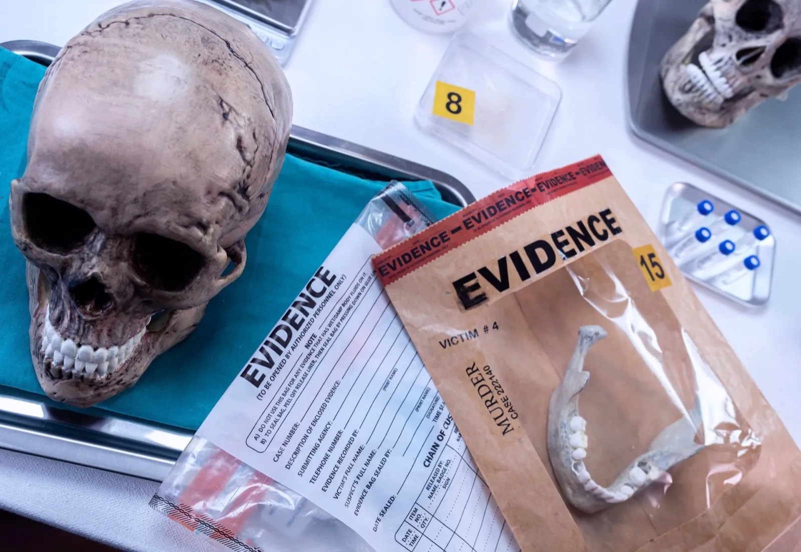 Human skull of a murdered adult in forensic lab, conceptual image