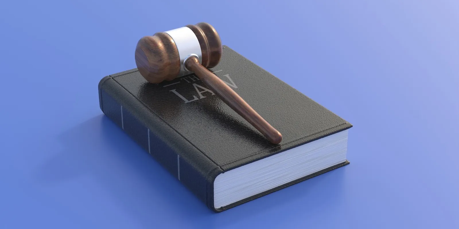 Judge gavel and law book, blue background. 3d illustration