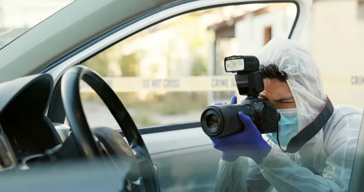 Man, forensics and photography in car at crime scene for hijacking, murder and investigation. Man,