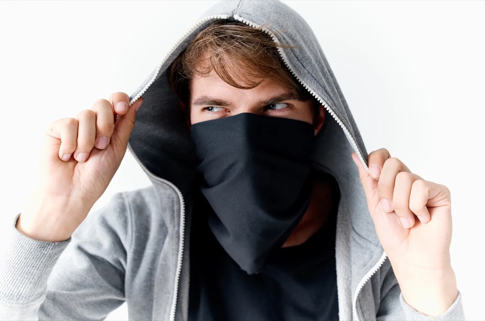 man in balaklava hooded crime theft closeup