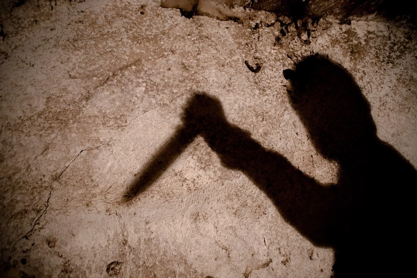 murderer with big knife and shadow horror scene