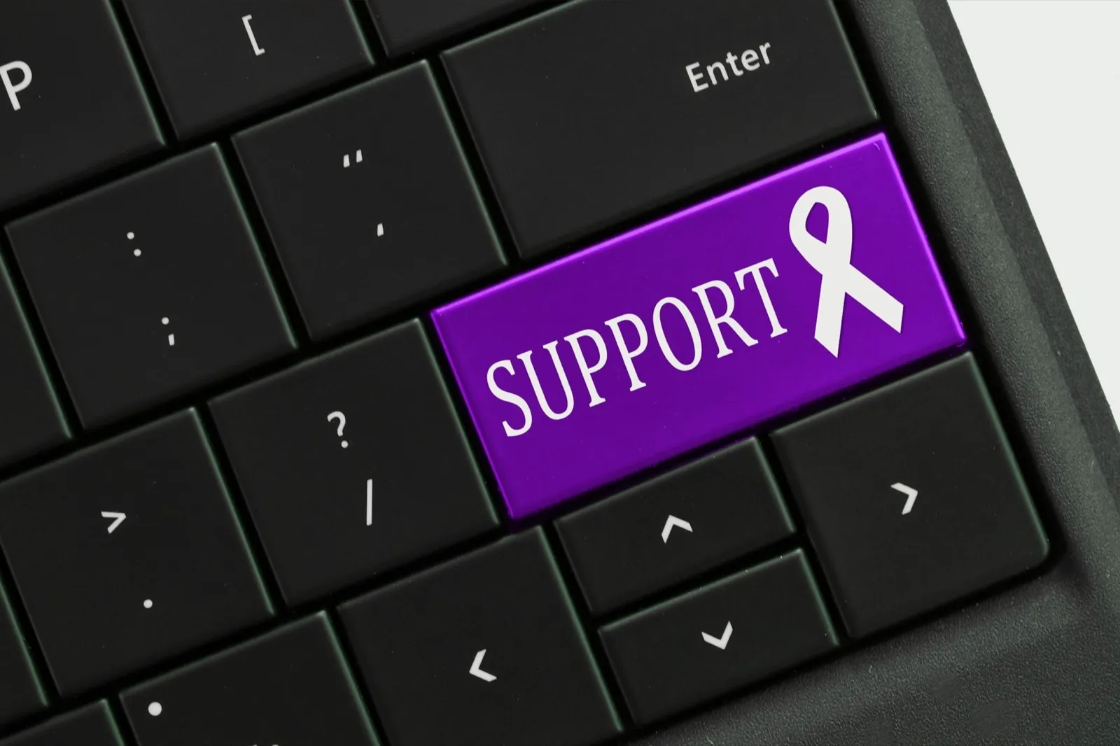 Online help Support Concept - keyboard with PURPLE support awareness ribbon key button.