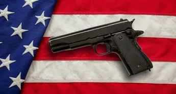 Pistol on US America flag background, top view. Gun laws in United states, self defence concept