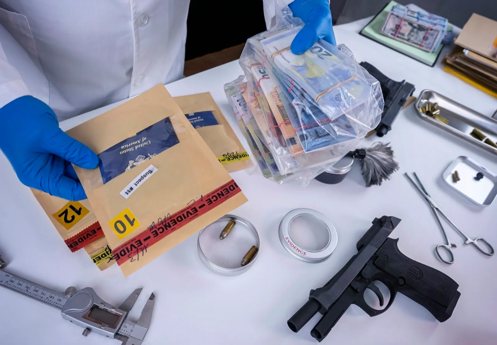 police scientist examines firearm involved in murder at crime lab, concept image