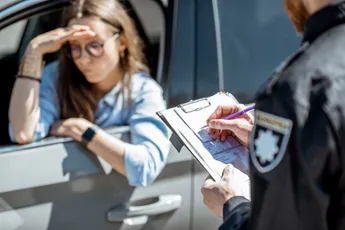 Policeman issuing a fine for a female driver