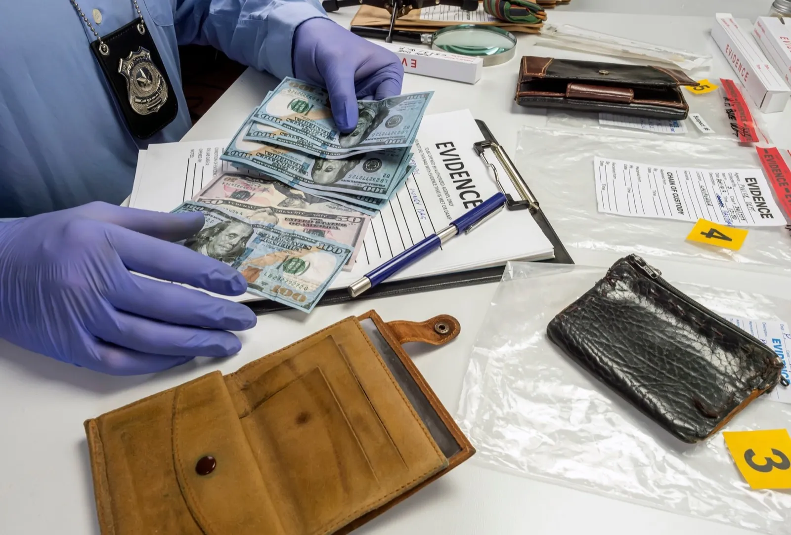Specialised police officer notes dollar banknote reference of a robbery, conceptual image
