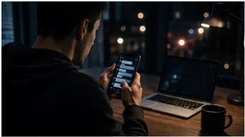 Man reviewing text messages on his phone during a Nevada cyberstalking investigation