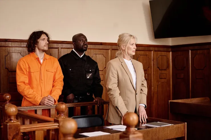 Young African American policeman standing between prisoner and attorney